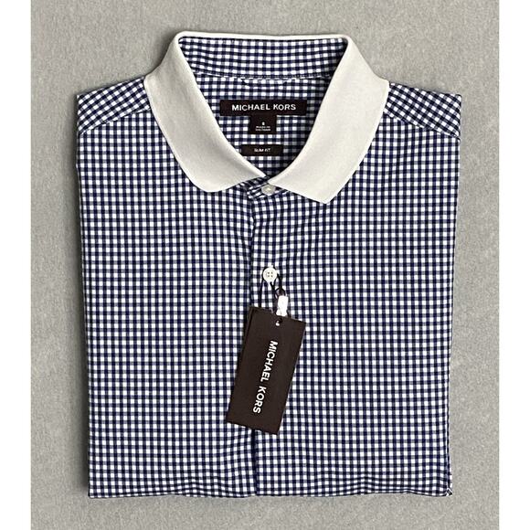 Michael Kors Men's Small Slim Fit Short Sleeve Polo Shirt Blue Gingham NEW - Picture 1 of 12